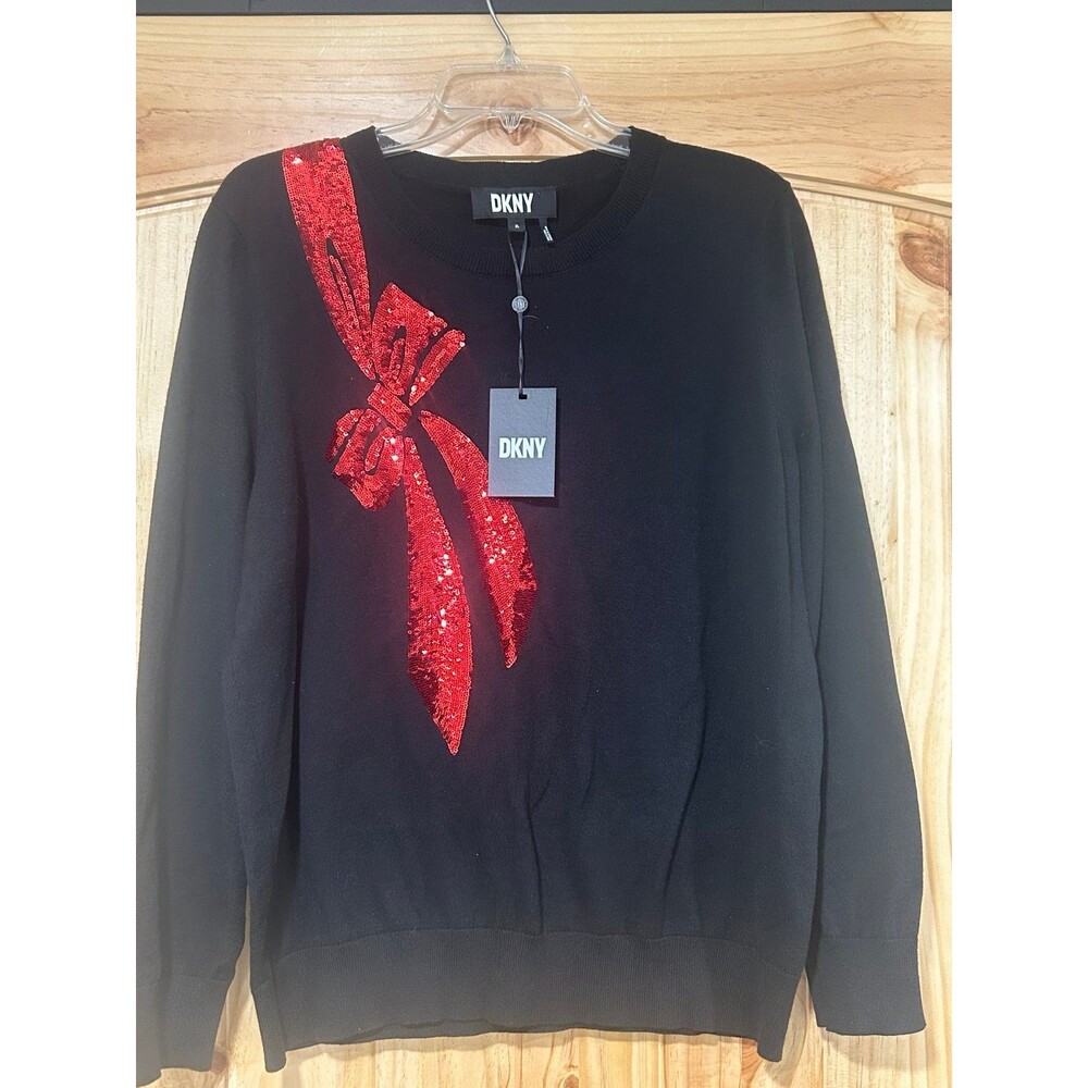 DKNY Women’s Sweater Black Extra Large Red Glitter Bow Holiday Christmas New
